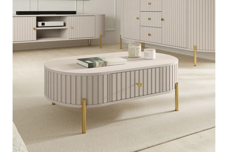 Maggio Ovalt Soffbord 100 cm med Lådor i Trä och Metall - Beige - Möbler - Bord & matgrupp - Soffbord