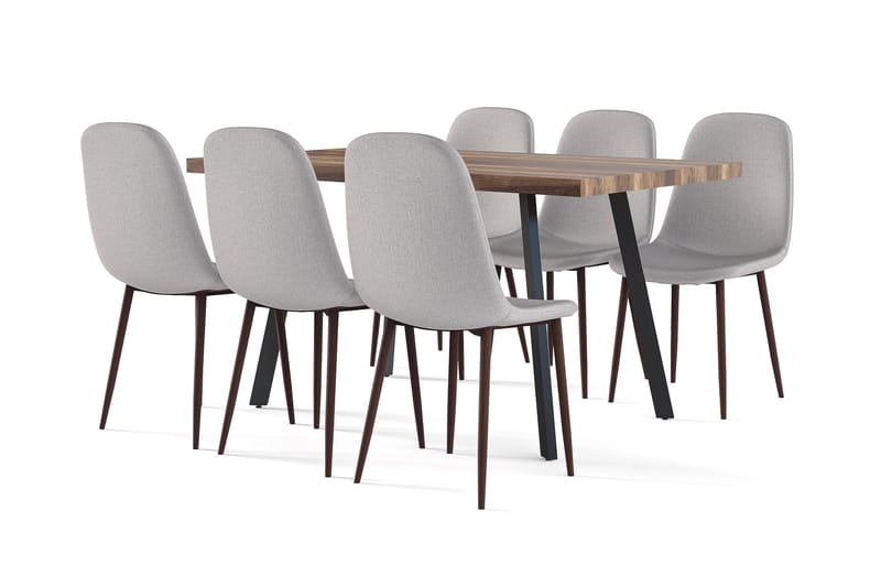 Marcelen Matbord Förlängningsbart med illäggsskiva +  6 st Naira stol grå med valnöt ben, Brun/Grå