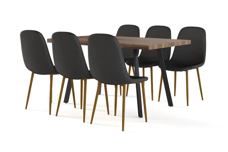 Marcelen Matbord Förlängningsbart med illäggsskiva +  6 st Naira stol svart med ek ben, Brun/Svart