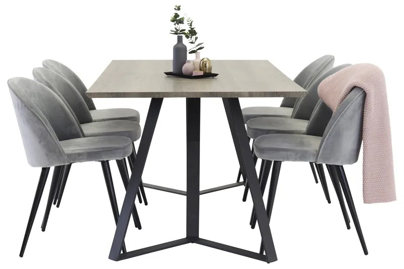 Marina Matgrupp 180 cm Rektangulärt med 6 Velvet Sammet Matstolar, Svart / Grå / Brun