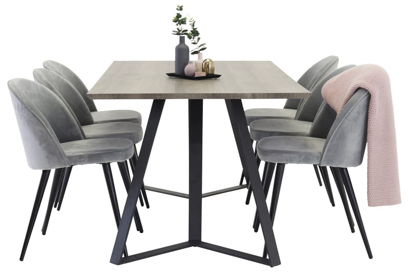 Marina Matgrupp 180 cm Rektangulärt med 6 Velvet Sammet Matstolar - Svart / Grå / Brun - Möbler - Bord & matgrupp - Matgrupp