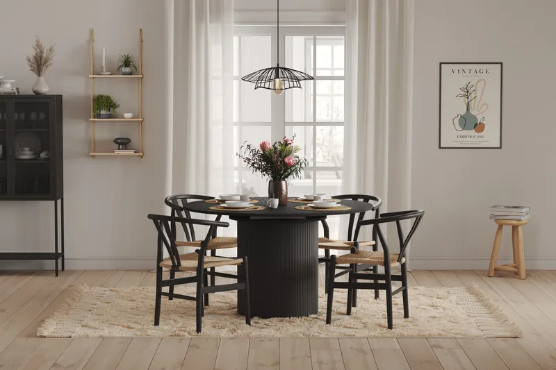 Kopparbo Runt Matbord 130 cm Förlängningsbar med illäggsskiva - Svart Trä / Ribbad - Möbler - Bord & matgrupp - Matbord & köksbord