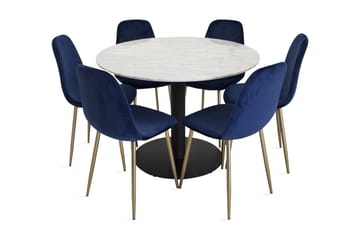 Admira Matgrupp 106 cm Rund Marmor med 6 Valeri Köksstol - Sammet Grå/Svart - Möbler - Bord & matgrupp - Matgrupp