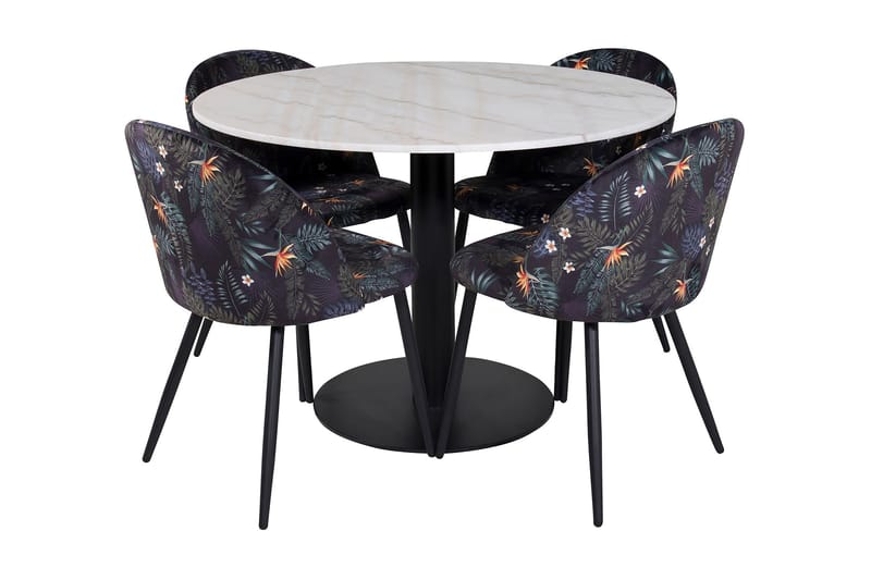 Admira Matgrupp 106 cm Runt Marmor inkl 4 Sedavi Stolar, Vit/Svart/Blå