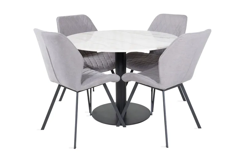 Admira Matgrupp 106 cm Runt Marmor inkl 4 Sumoas Stolar, Vit/Svart/Grå