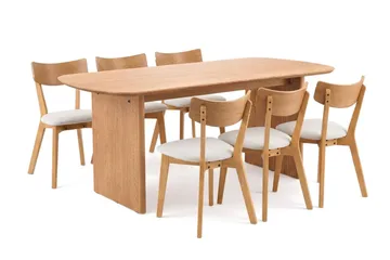 Alma Matgrupp 180 cm rektangulärt i Ek med 6 Amelia Matstolar med Dyna - Ek/Beige - Möbler - Bord & matgrupp - Matgrupp