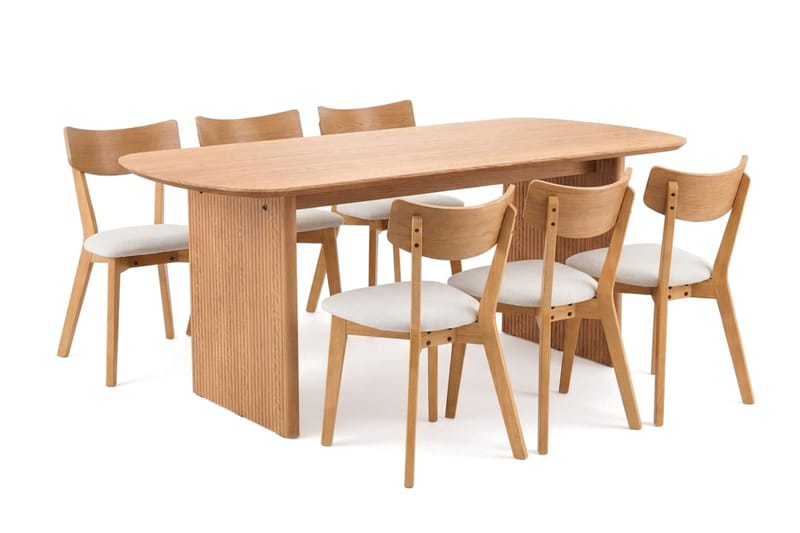 Alma Matgrupp 180 cm rektangulärt i Ek med 6 Amelia Matstolar med Dyna - Ek/Beige - Möbler - Bord & matgrupp - Matgrupp