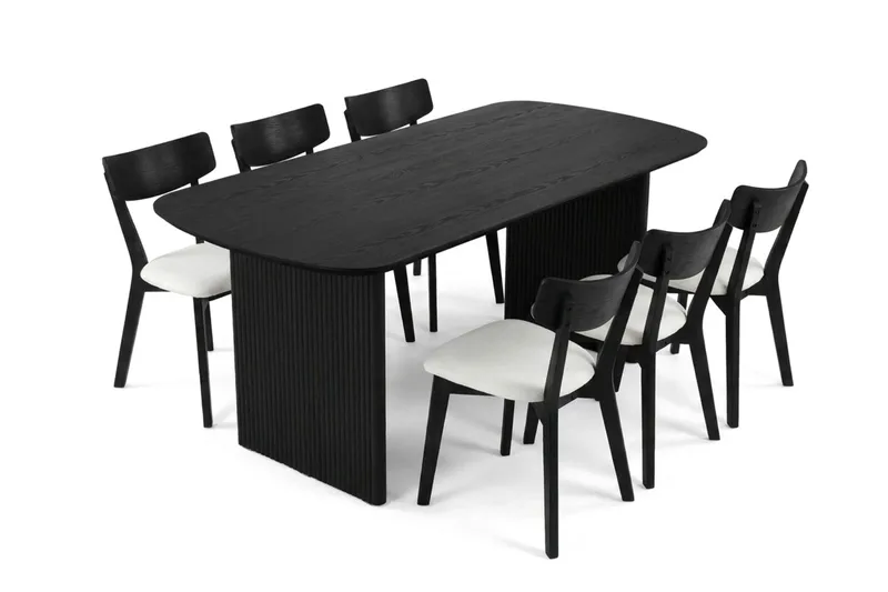 Alma Matgrupp 180 cm rektangulärt i Svart med 6 Amelia Matstolar med Dyna - Svart/Beige - Möbler - Bord & matgrupp - Matgrupp