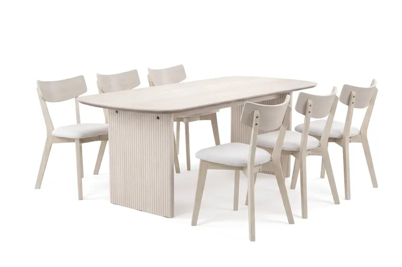 Alma Matgrupp 180 cm rektangulärt Vitlaserad med 6 Amelia Matstolar med Dyna - Vitlaserad/Beige - Möbler - Bord & matgrupp - Matgrupp