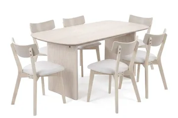 Alma Matgrupp 180 cm rektangulärt Vitlaserad med 6 Amelia Matstolar med Dyna - Vitlaserad/Beige - Möbler - Bord & matgrupp - Matgrupp