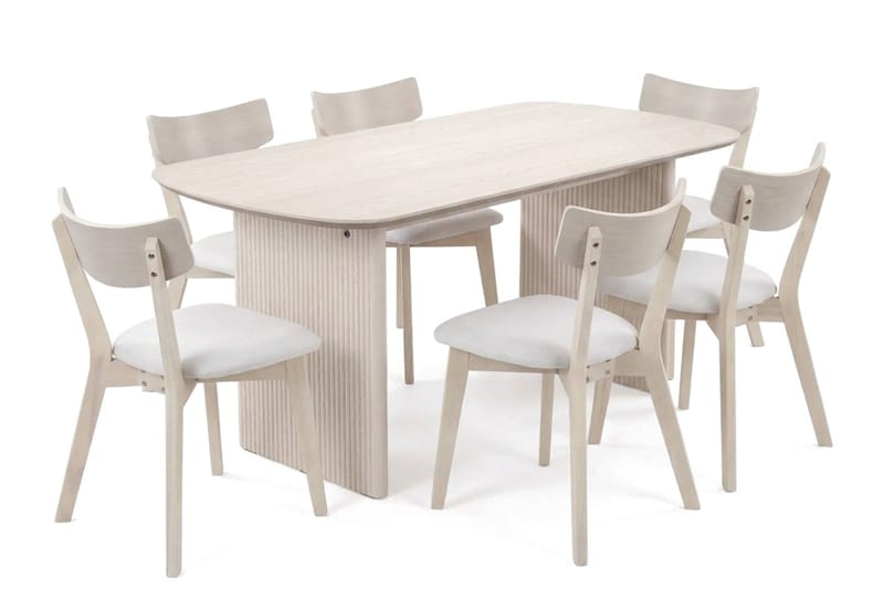 Alma Matgrupp 180 cm rektangulärt Vitlaserad med 6 Amelia Matstolar med Dyna - Vitlaserad/Beige - Möbler - Bord & matgrupp - Matgrupp