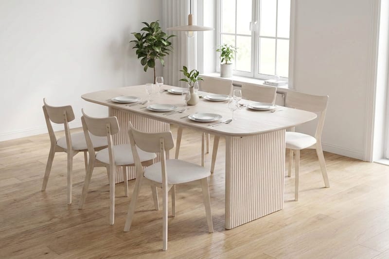 Alma Matgrupp 180 cm rektangulärt Vitlaserad med 6 Amelia Matstolar med Dyna - Vitlaserad/Beige - Möbler - Bord & matgrupp - Matgrupp