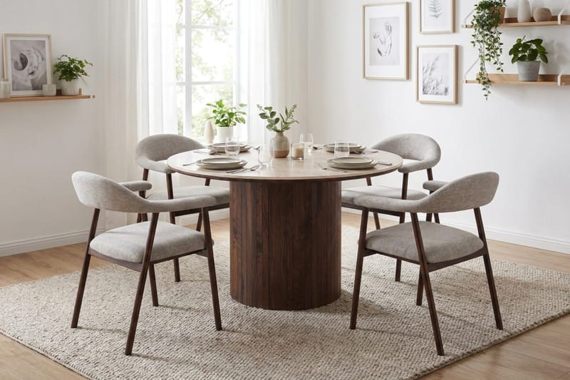 Arvo Matgrupp runt 120 cm Valnöt med 4 Ronja Matstolar - Valnöt/Valnöt - Möbler - Bord & matgrupp - Matgrupp