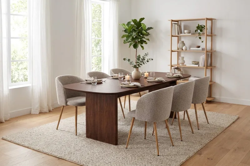 Matgrupp Bark Alma rektangulärt med Greya Mastolar 220 cm Valnöt Greige Bouclé/Metallben Ek - Valnöt - Möbler - Bord & matgrupp - Matgrupp