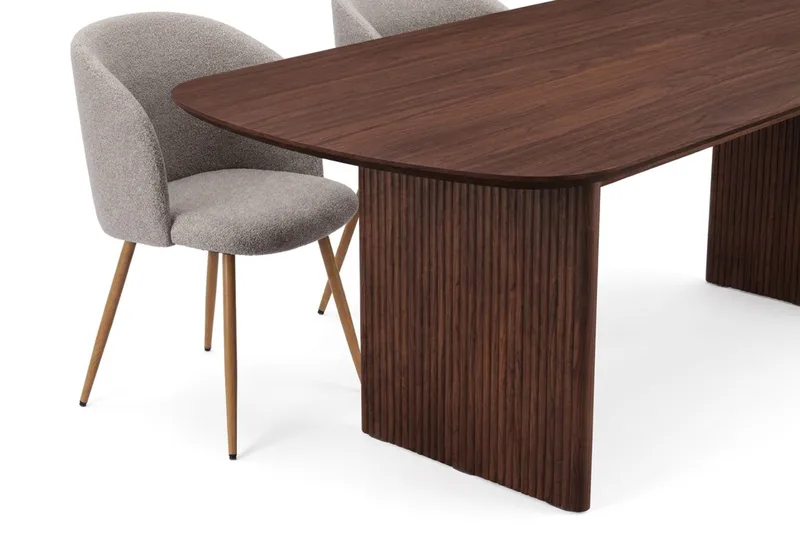 Matgrupp Bark Alma rektangulärt med Greya Mastolar 220 cm Valnöt Greige Bouclé/Metallben Ek - Valnöt - Möbler - Bord & matgrupp - Matgrupp