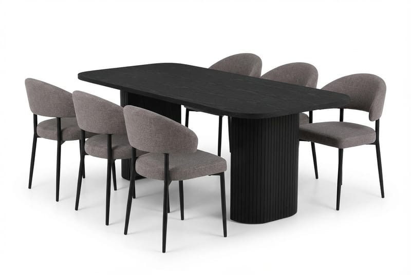 Matgrupp Bark Kopparbo Matbord 200 cm med 6 Sawako Greige Stolar Svart|Greige