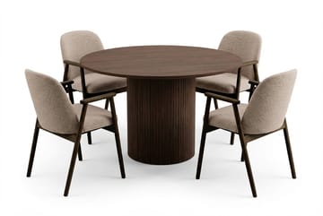 Matgrupp Bark Kopparbo Runt Matbord 120 cm Mörkbrunt med 4 Reciclar Matstolar Valnöt|Greige - Möbler - Bord & matgrupp - Matgrupp