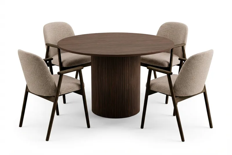 Matgrupp Bark Kopparbo Runt Matbord 120 cm Mörkbrunt med 4 Reciclar Matstolar Valnöt|Greige