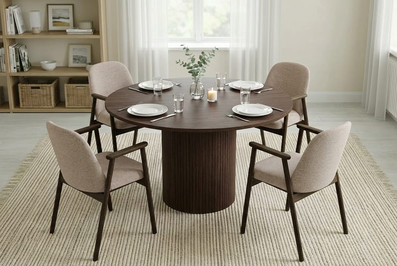 Matgrupp Bark Kopparbo Runt Matbord 120 cm Mörkbrunt med 4 Reciclar Matstolar Valnöt|Greige - Möbler - Bord & matgrupp - Matgrupp