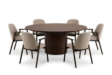 Matgrupp Bark Kopparbo Runt Matbord 180 cm Mörkbrunt med 6 Reciclar Matstolar Valnöt|Greige - Möbler - Bord & matgrupp - Matgrupp