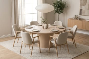 Matgrupp Bark Kopparbo Runt Matbord 180 cm Vitlaserat med 6 Reciclar Matstolar Ljus Ek|Beige - Möbler - Bord & matgrupp - Matgrupp