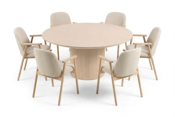 Matgrupp Bark Kopparbo Runt Matbord 180 cm Vitlaserat med 6 Reciclar Matstolar Ljus Ek|Beige - Möbler - Bord & matgrupp - Matgrupp