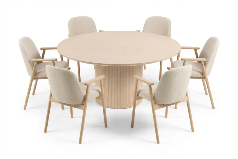 Matgrupp Bark Kopparbo Runt Matbord 180 cm Vitlaserat med 6 Reciclar Matstolar Ljus Ek|Beige