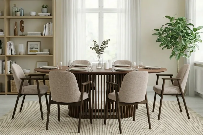 Matgrupp Bark Peyra Ovalt Matbord 200 cm Mörkbrunt med 6 Reciclar Matstolar Valnöt|Greige - Möbler - Bord & matgrupp - Matgrupp