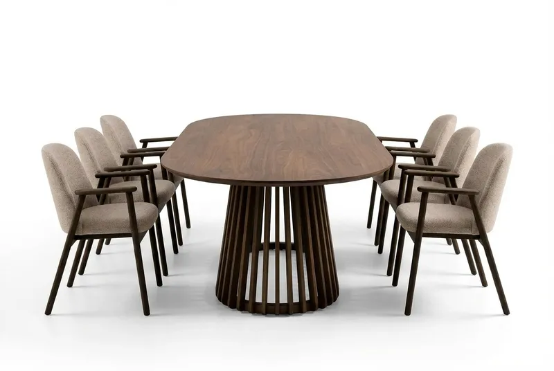 Matgrupp Bark Peyra Ovalt Matbord 200 cm Mörkbrunt med 6 Reciclar Matstolar Valnöt|Greige