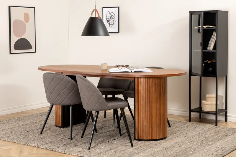 Biana Matgrupp 200 cm Oval inkl 4 Velvets Stolar, Valnötsbrun/Grå/Svart