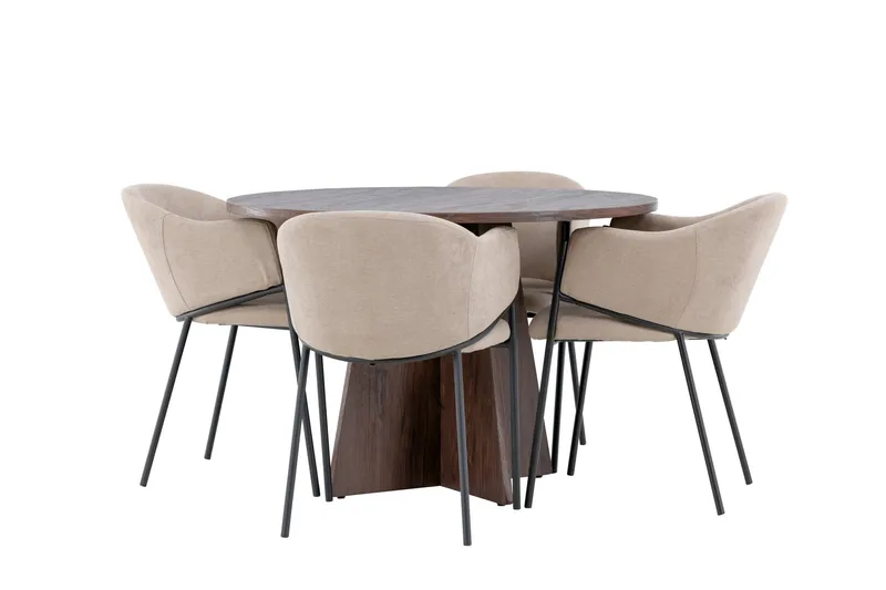 Matgrupp Bootcut 110 cm Rund med 4 Evelina stolar, Mocca/Beige