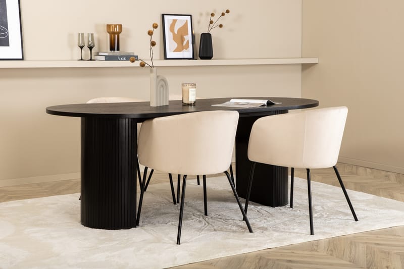 Matgrupp Cinaba 200 cm Oval inkl 4 Beraid Sammetsstolar - Svart/Beige - Matgrupp