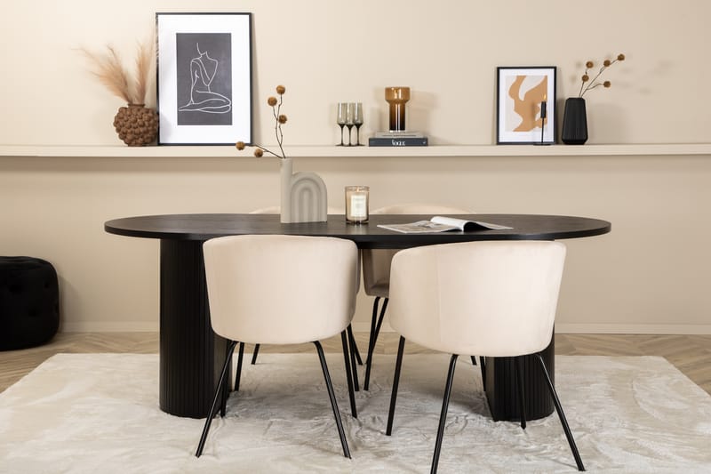 Matgrupp Cinaba 200 cm Oval inkl 4 Beraid Sammetsstolar - Svart/Beige - Matgrupp