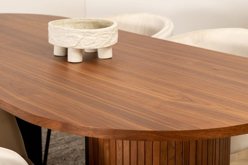 Matgrupp Cinaba 200 cm Oval inkl 4 Beraid Sammetsstolar - Valnötsbrun/Beige/Svart - Matgrupp
