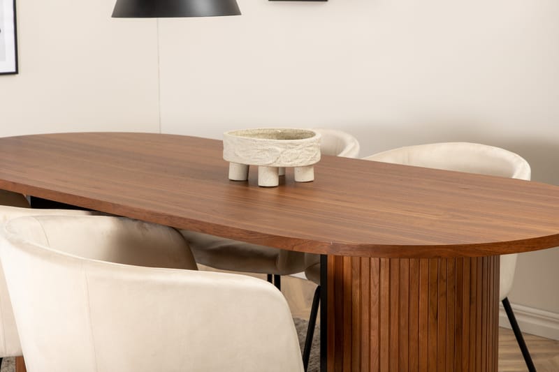 Matgrupp Cinaba 200 cm Oval inkl 4 Beraid Sammetsstolar - Valnötsbrun/Beige/Svart - Matgrupp