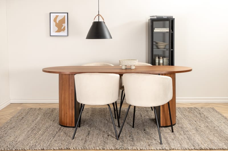 Matgrupp Cinaba 200 cm Oval inkl 4 Beraid Sammetsstolar - Valnötsbrun/Beige/Svart - Matgrupp