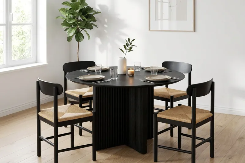 Edda Matgrupp runt 110 cm Svart med 4 Malte Matstolar - Möbler - Bord & matgrupp - Matgrupp
