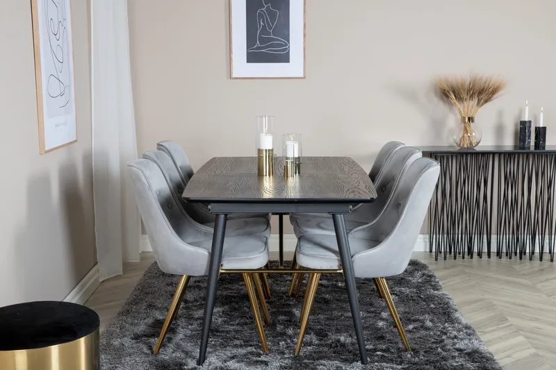 Irunea Förlängningsbar Matgrupp 180cm inkl 6 Valera Lyx Stol - Svart/Grå/Mässing - Möbler - Bord & matgrupp - Matgrupp