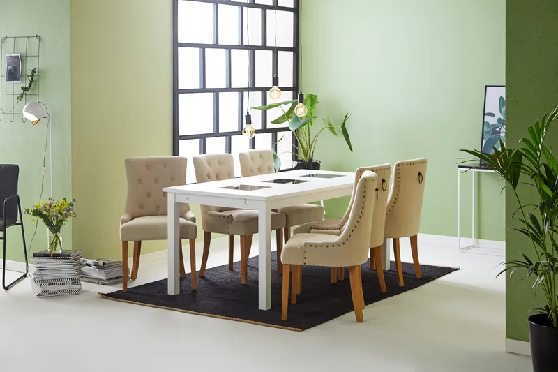 Jasmin Matgrupp Vit med 6 st Viktoria Fåtöljer - Beige/Vintageben - Möbler - Bord & matgrupp - Matgrupp