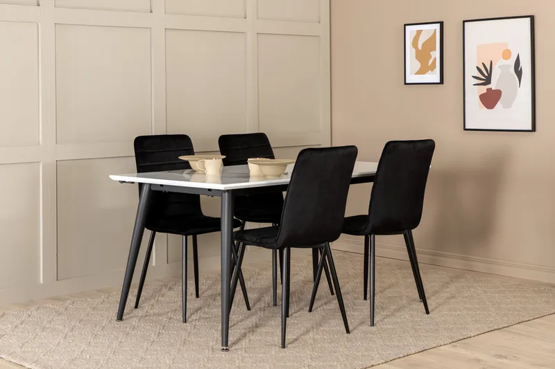 Jimms Förlängningsbar Matgrupp 150 cm inkl 4 Robin Stolar, Vit/Svart/Sammet