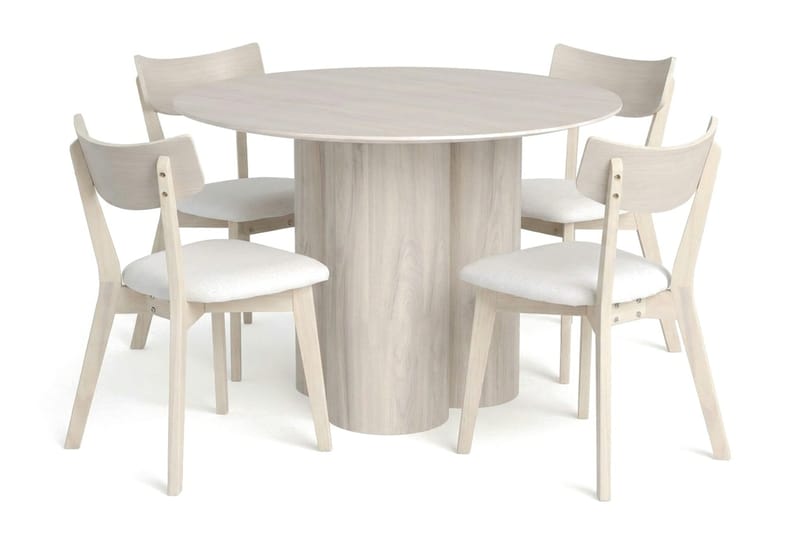 Juno Matgrupp 110 cm runt Vitlaserad med 4 Amelia Matstolar med Dyna - Vitlaserad/Beige - Möbler - Bord & matgrupp - Matgrupp