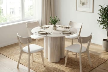 Juno Matgrupp 110 cm runt Vitlaserad med 4 Amelia Matstolar med Dyna - Vitlaserad/Beige - Möbler - Bord & matgrupp - Matgrupp