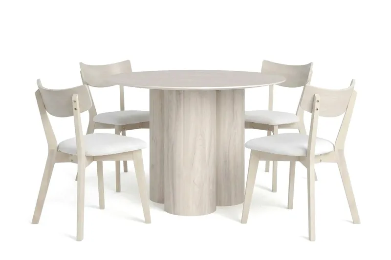 Juno Matgrupp 110 cm runt Vitlaserad med 4 Amelia Matstolar med Dyna, Vitlaserad/Beige