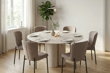 Juno Matgrupp runt 130 cm Vitlaserad med 6 Elsie Matstolar - Vitlaserad/Grå - Möbler - Bord & matgrupp - Matgrupp