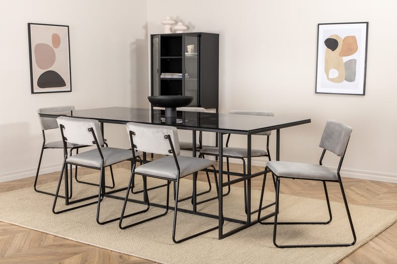 Matgrupp Leria 200 cm inkl 6 Kenten Sammetsstolar - Glas/Svart/Ljusgrå - Matgrupp
