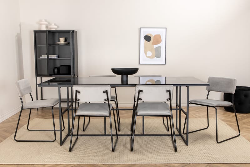 Matgrupp Leria 200 cm inkl 6 Kenten Sammetsstolar - Glas/Svart/Ljusgrå - Matgrupp