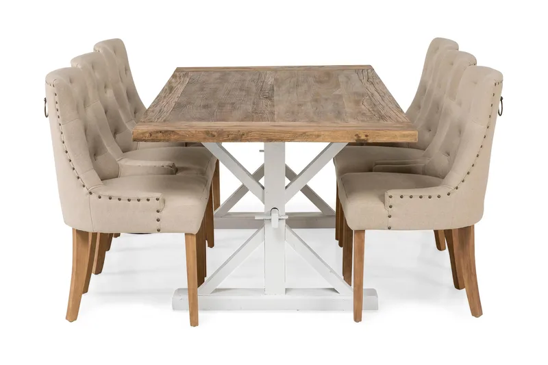 Lyon Förlängningsbar Matgrupp 200 cm med 6 Viktoria Stol Bloomington Natur/Vit/Beige Beige/White - Möbler - Bord & matgrupp - Matgrupp
