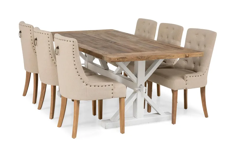 Lyon Förlängningsbar Matgrupp 200 cm med 6 Viktoria Stol Bloomington Natur/Vit/Beige Beige/White