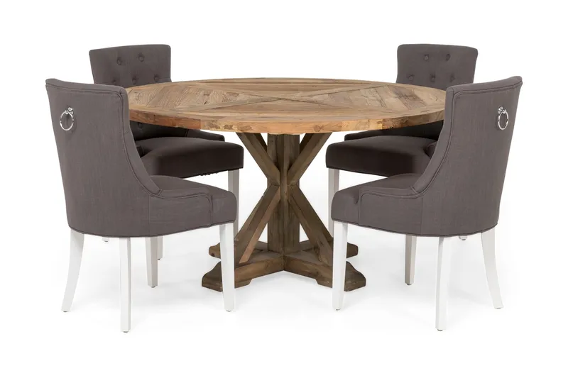 Lyon Matgrupp Ø150 cm Rund med 4 st Viktoria Stolar - Vintage Alm/Grå/Vit - Möbler - Bord & matgrupp - Matgrupp