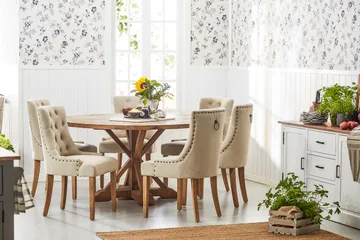 Lyon Matgrupp Ø150 cm Rund med 6 st Viktoria Stolar - Vintage Alm/Beige - Möbler - Bord & matgrupp - Matgrupp